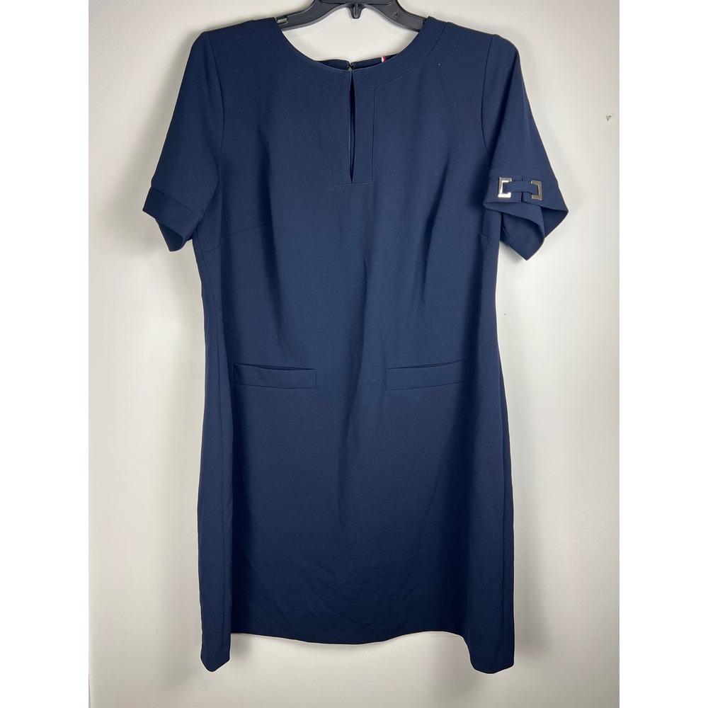 Tommy Hilfiger Navy Blue Sheath Dress Short Sleeve Buckle Detail Sz 16W